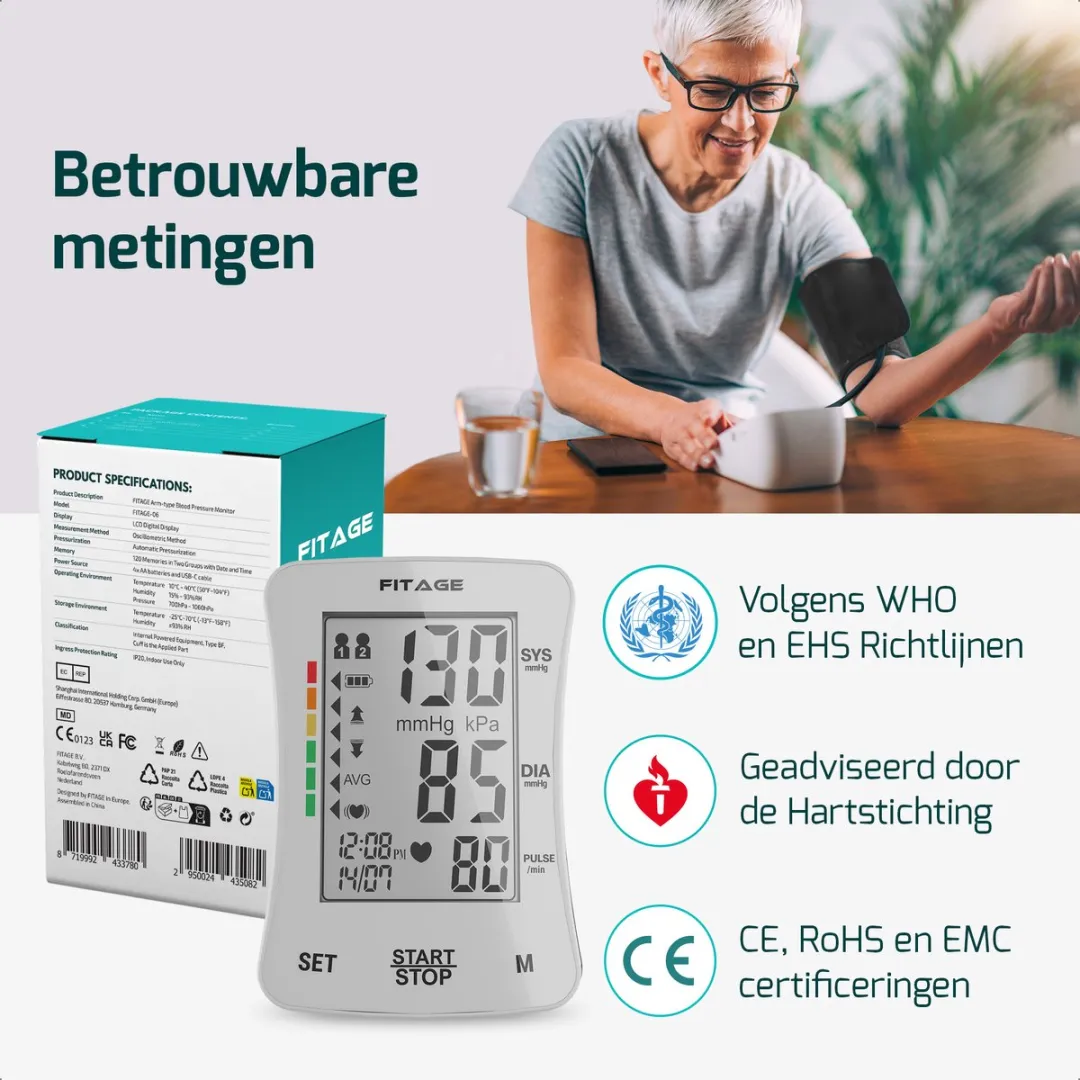 FITAGE Bloeddrukmeter Bovenarm - Medische Hartslagmeter met Nederlandse Voorleesfunctie aanbevolen door Hartstichting- Blood Pressure Monitor - Manchet 22-42cm - Bloeddrukmeters Wit