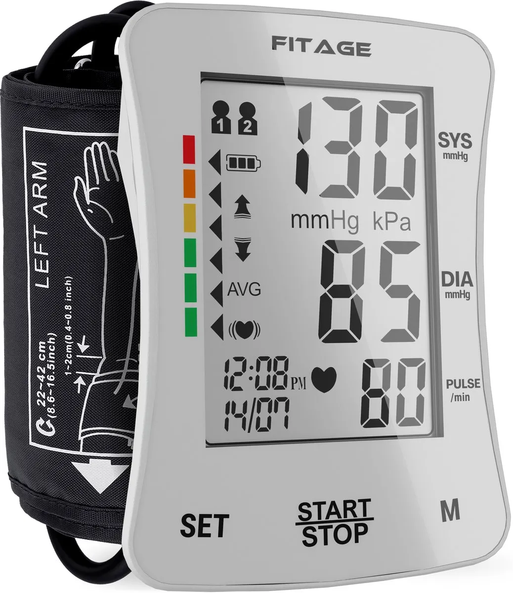 FITAGE Bloeddrukmeter Bovenarm - Medische Hartslagmeter met Nederlandse Voorleesfunctie aanbevolen door Hartstichting- Blood Pressure Monitor - Manchet 22-42cm - Bloeddrukmeters Wit