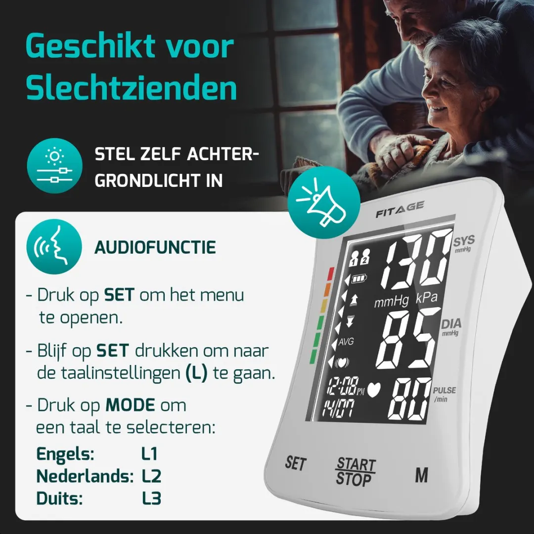 FITAGE Bloeddrukmeter Bovenarm - Medische Hartslagmeter met Nederlandse Voorleesfunctie aanbevolen door Hartstichting- Blood Pressure Monitor - Manchet 22-42cm - Bloeddrukmeters Wit