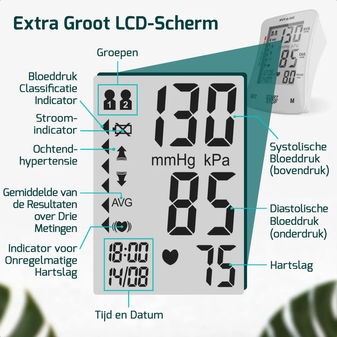 FITAGE Bloeddrukmeter Bovenarm - Medische Hartslagmeter met Nederlandse Voorleesfunctie aanbevolen door Hartstichting- Blood Pressure Monitor - Manchet 22-42cm - Bloeddrukmeters Wit