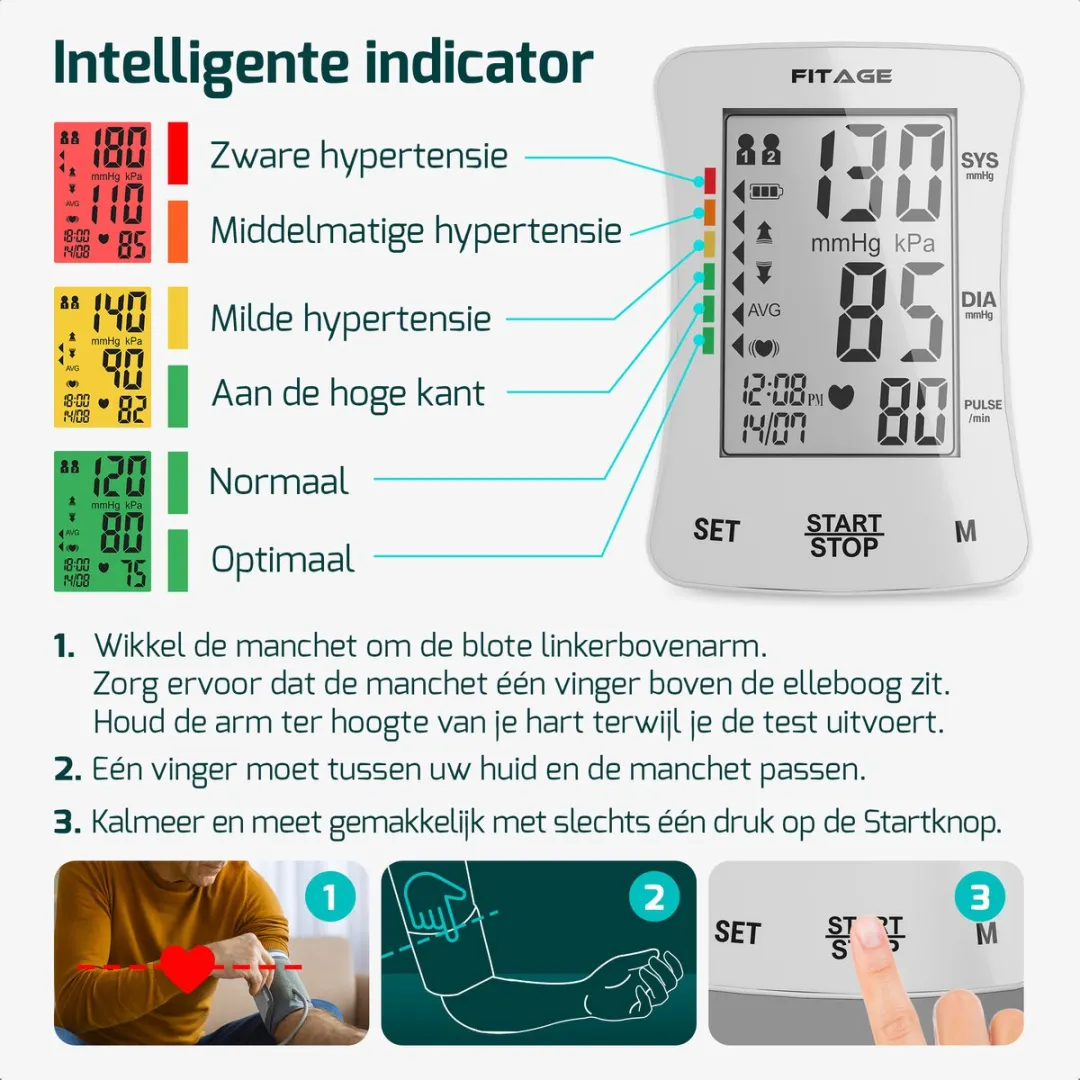 FITAGE Bloeddrukmeter Bovenarm 22-42cm - Wit - afbeelding 6 van 6