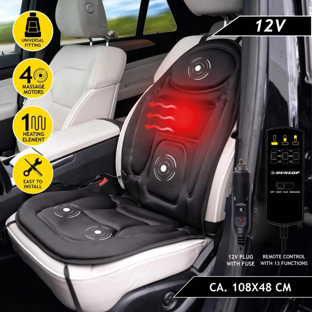 Dunlop Massagestoel Auto Verwarmd - 108x48cm - 4 Motor - 7 Warmtestanden - Zwart