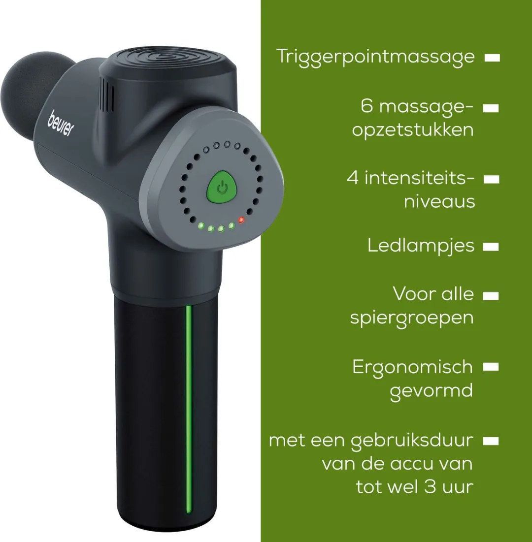 Beurer MG 180 Massage Gun - Massageapparaat - Triggerpoints - 4 Intensiteitsniveaus - Tot 3.200 impulsen per minuut - 6 Opzetstukken - Tot 3 uur draadloos gebruik - 3 Jaar garantie