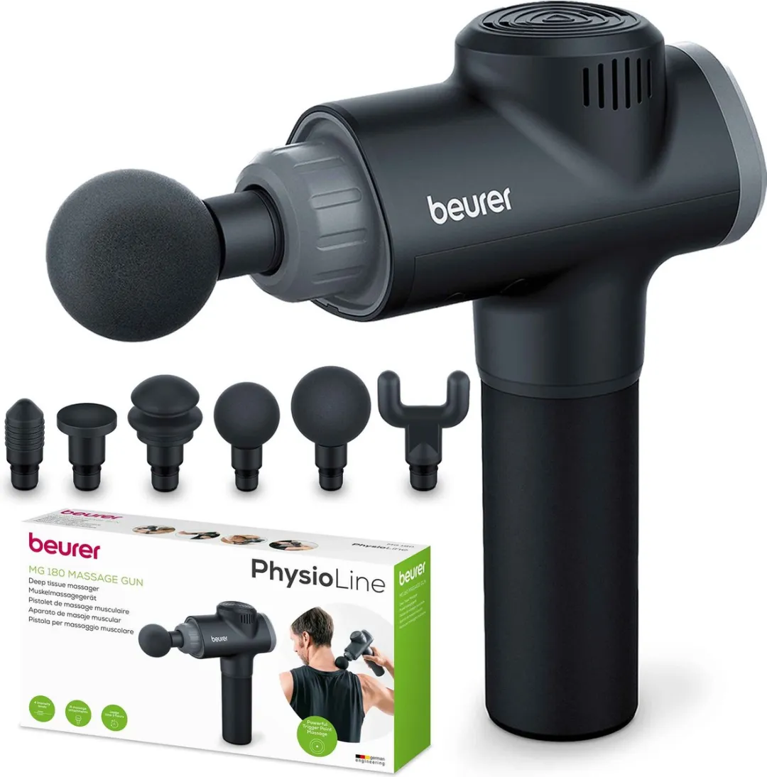 Beurer MG 180 Massage Gun - Massageapparaat - Triggerpoints - 4 Intensiteitsniveaus - Tot 3.200 impulsen per minuut - 6 Opzetstukken - Tot 3 uur draadloos gebruik - 3 Jaar garantie