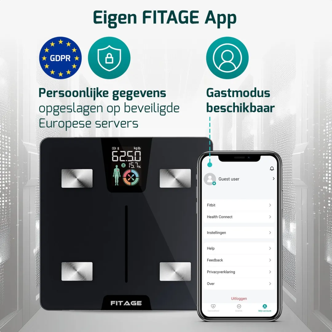 FITAGE LCD Personenweegschaal - 225kg - 17x Analyse - Zwart