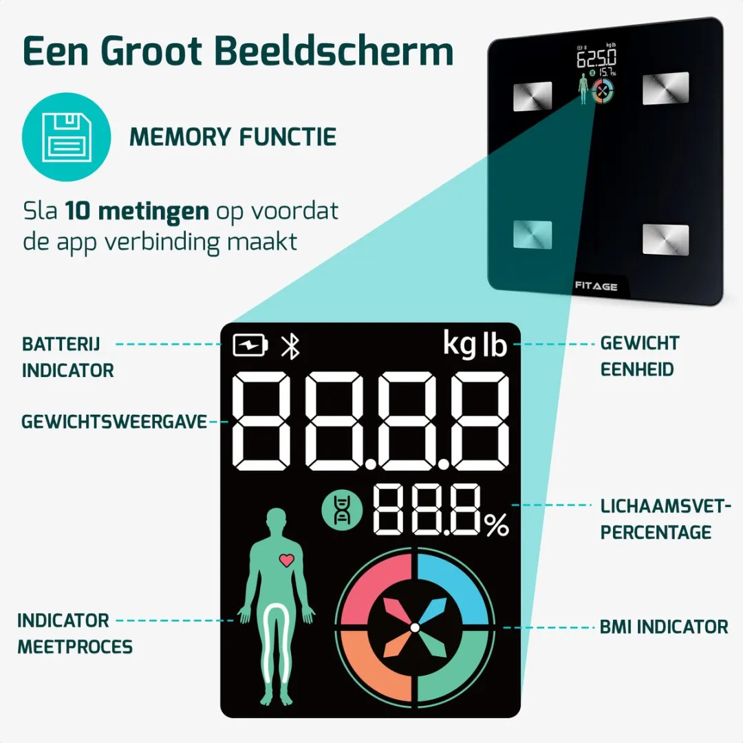 FITAGE LCD Personenweegschaal - 225kg - 17x Analyse - Zwart - afbeelding 6 van 6