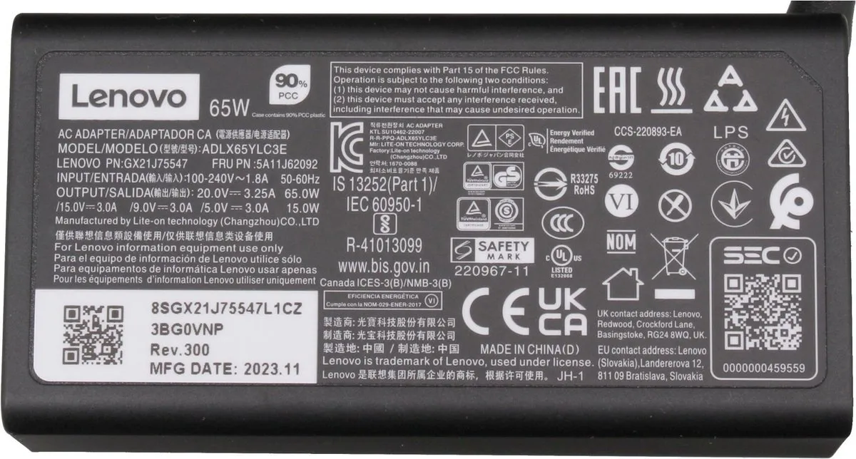 Lenovo 02DL155 USB-C Oplader 65W - Zwart
