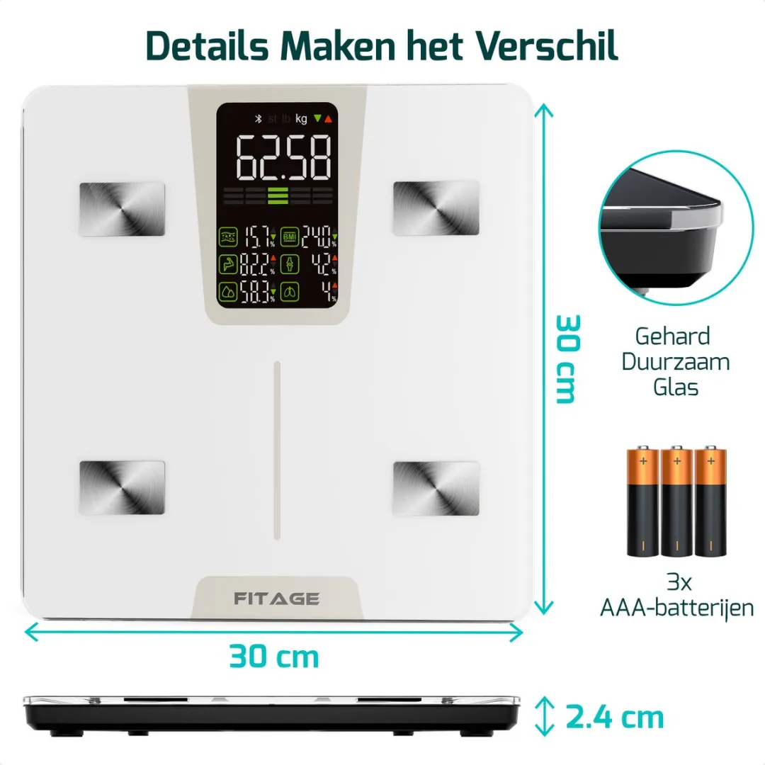 FITAGE LED Weegschaal Wit - Personenweegschaal Digitaal - Slimme Weegschaal met 17x Lichaamsanalyse - Weegschalen - FITAGE App