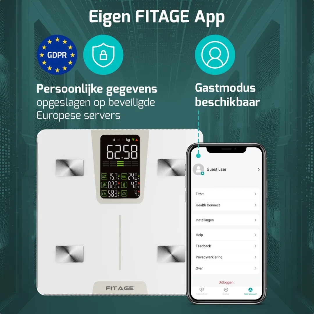 FITAGE LED Weegschaal Wit - Personenweegschaal Digitaal - Slimme Weegschaal met 17x Lichaamsanalyse - Weegschalen - FITAGE App