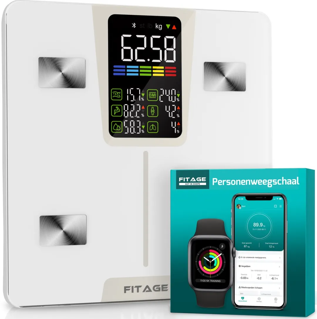 FITAGE LED Weegschaal Wit - Personenweegschaal Digitaal - Slimme Weegschaal met 17x Lichaamsanalyse - Weegschalen - FITAGE App