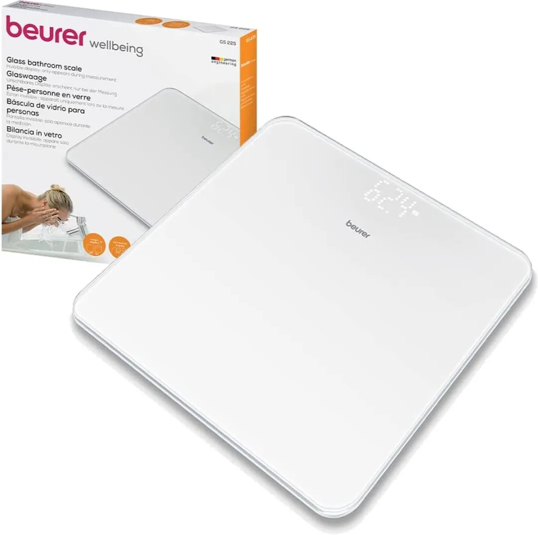 Beurer GS 225 Personenweegschaal - Magic LED / dotmatrix display - 30 x 30 cm - Tot 180 kg - Veiligheidsglas - Overbelastingindicatie - Automatische uitschakeling - Incl. batterijen - 5 Jaar garantie