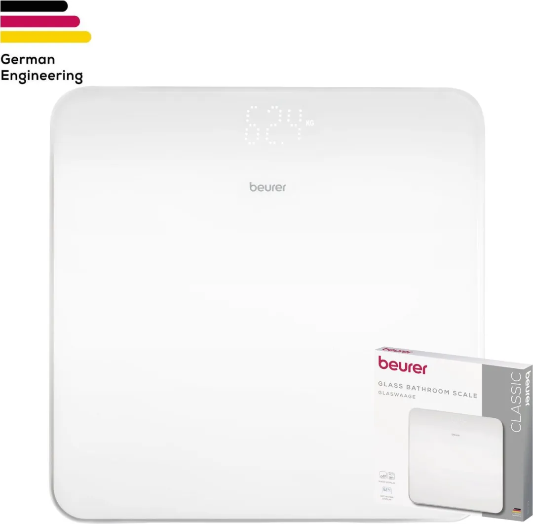 Beurer GS 225 Personenweegschaal - Magic LED / dotmatrix display - 30 x 30 cm - Tot 180 kg - Veiligheidsglas - Overbelastingindicatie - Automatische uitschakeling - Incl. batterijen - 5 Jaar garantie