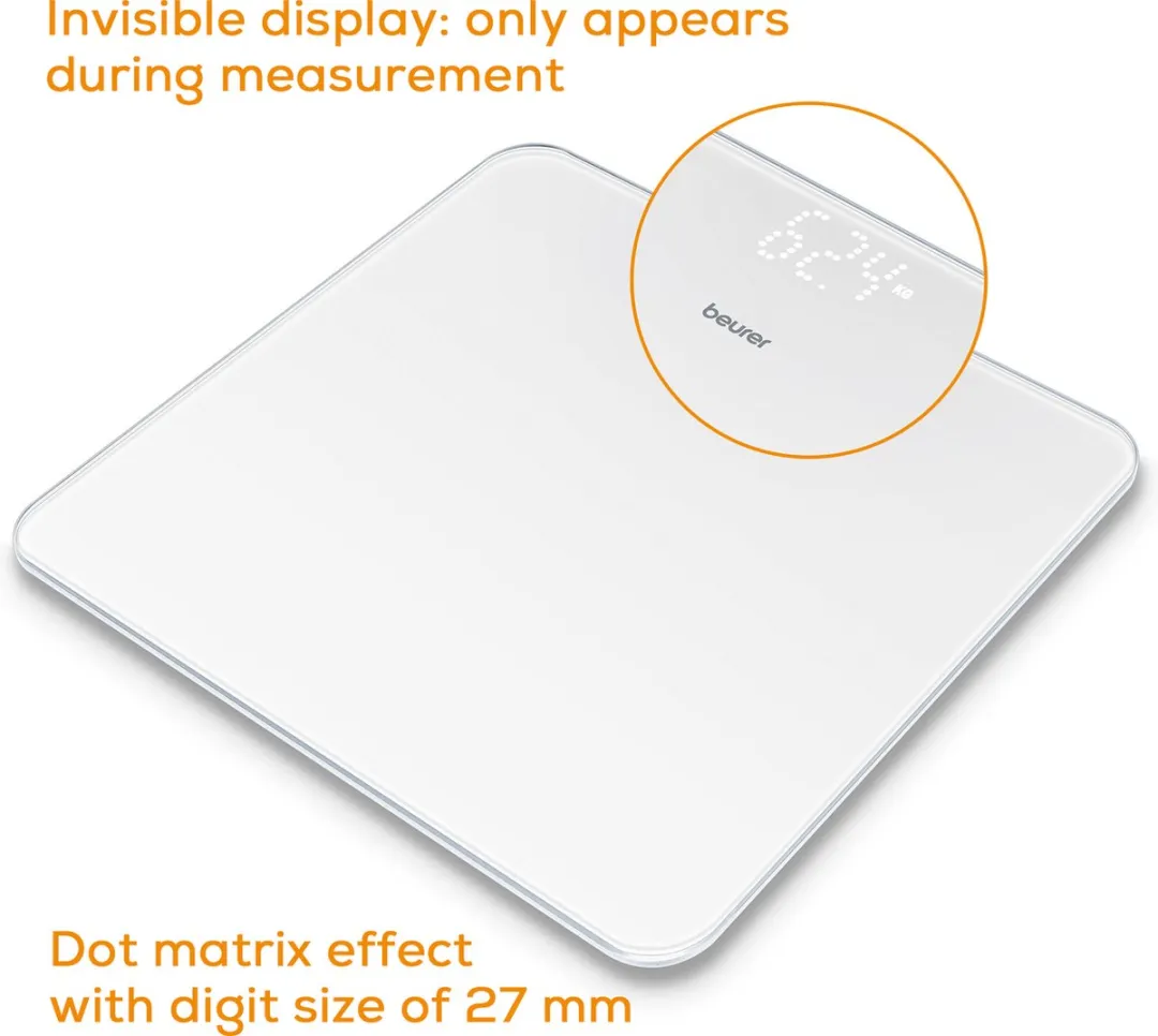 Beurer GS 225 Personenweegschaal - Magic LED / dotmatrix display - 30 x 30 cm - Tot 180 kg - Veiligheidsglas - Overbelastingindicatie - Automatische uitschakeling - Incl. batterijen - 5 Jaar garantie