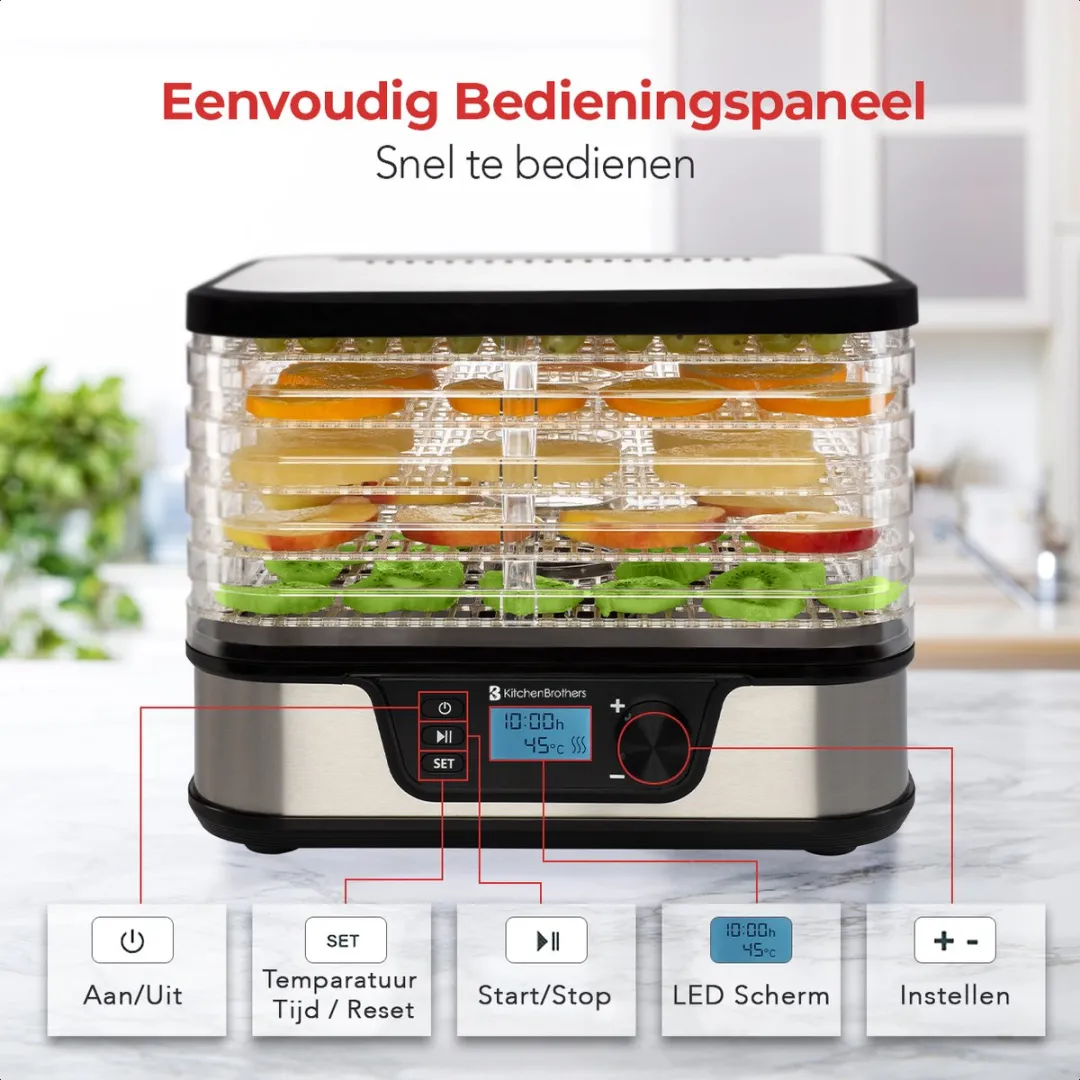KitchenBrothers Voedseldroger KB725 - 380W - 5 Laags - 9 Hitte-niveaus