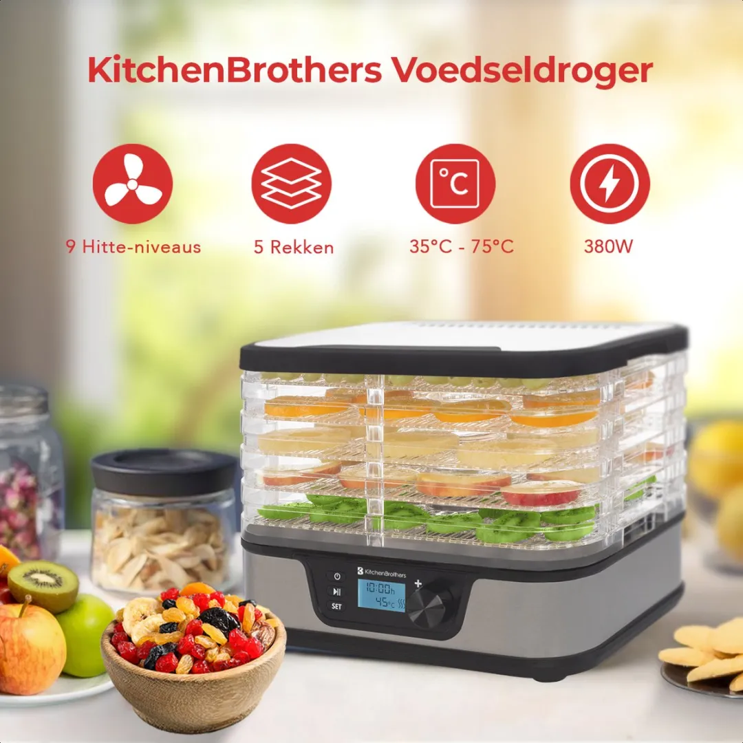 KitchenBrothers Voedseldroger KB725 - 380W - 5 Laags - 9 Hitte-niveaus