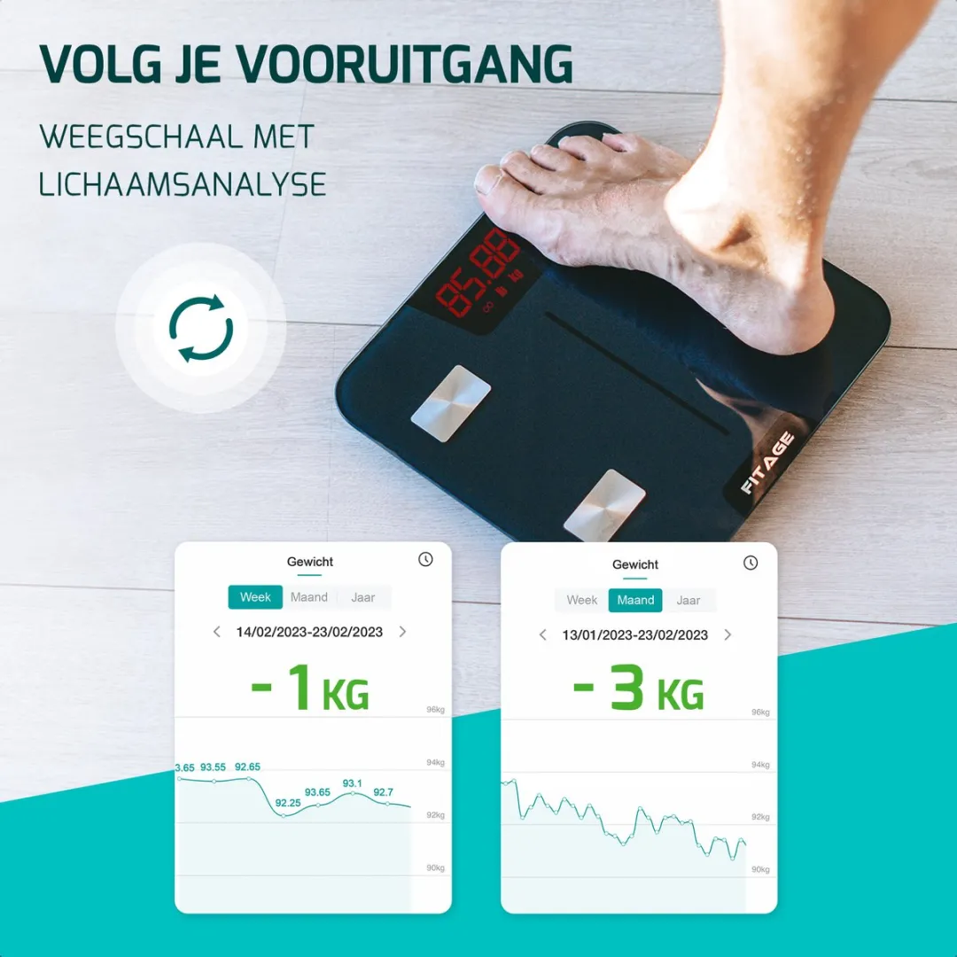 FITAGE Personenweegschaal Digitaal 225kg - 17x Lichaamsanalyse - Zwart - afbeelding 6 van 6