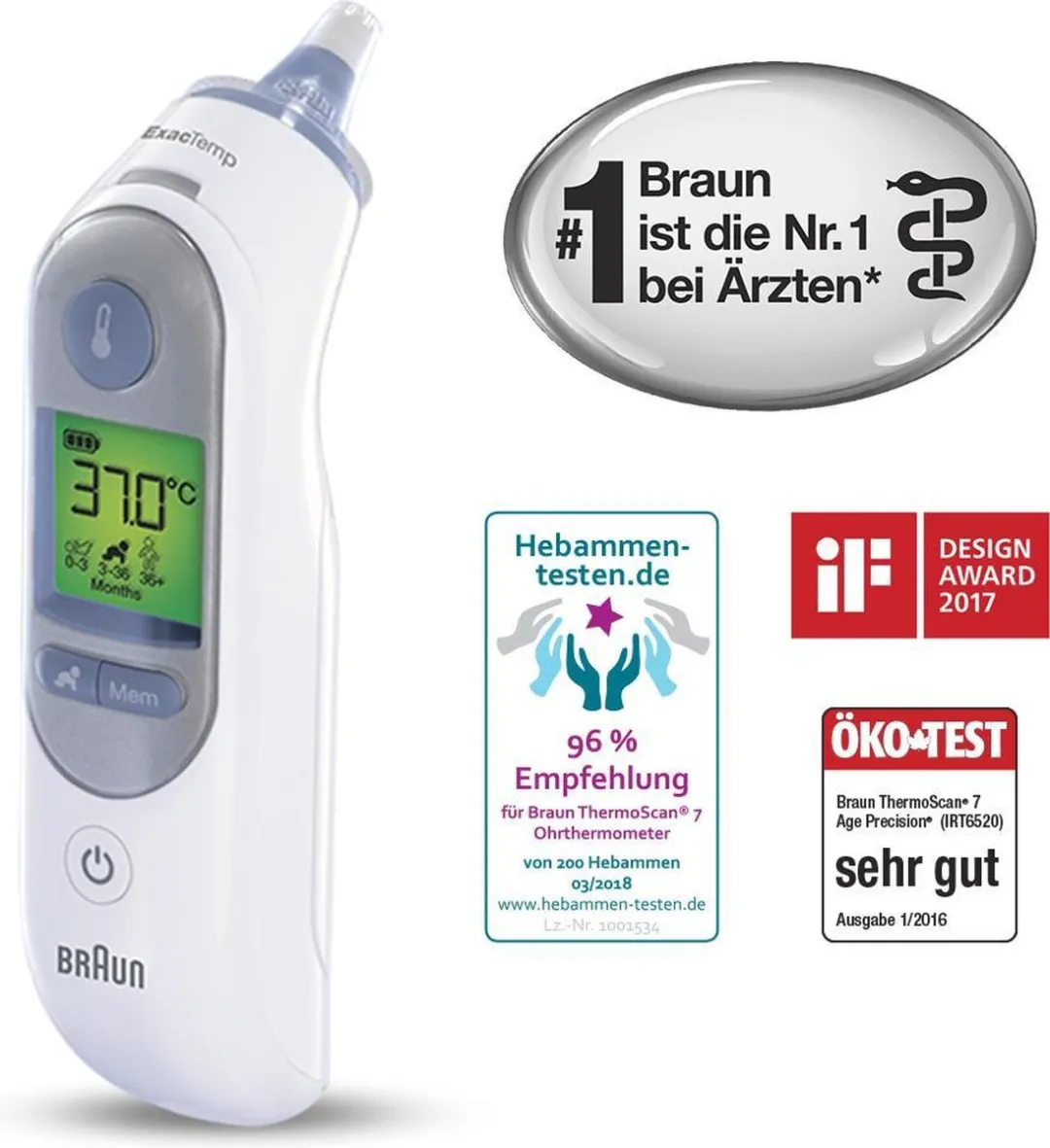 Braun IRT 6520 ThermoScan 7 Thermometer - 9 Metingen - 21 Lensfilters - Wit