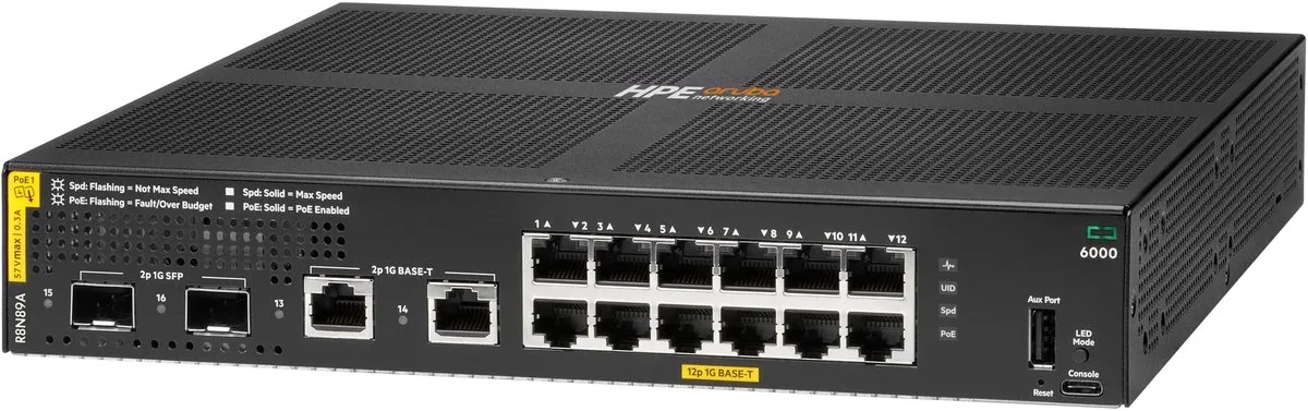 HP Aruba 6000 12G PoE+ Switch R8N89A - 12x Gigabit PoE+ - 2x SFP - afbeelding 3 van 3