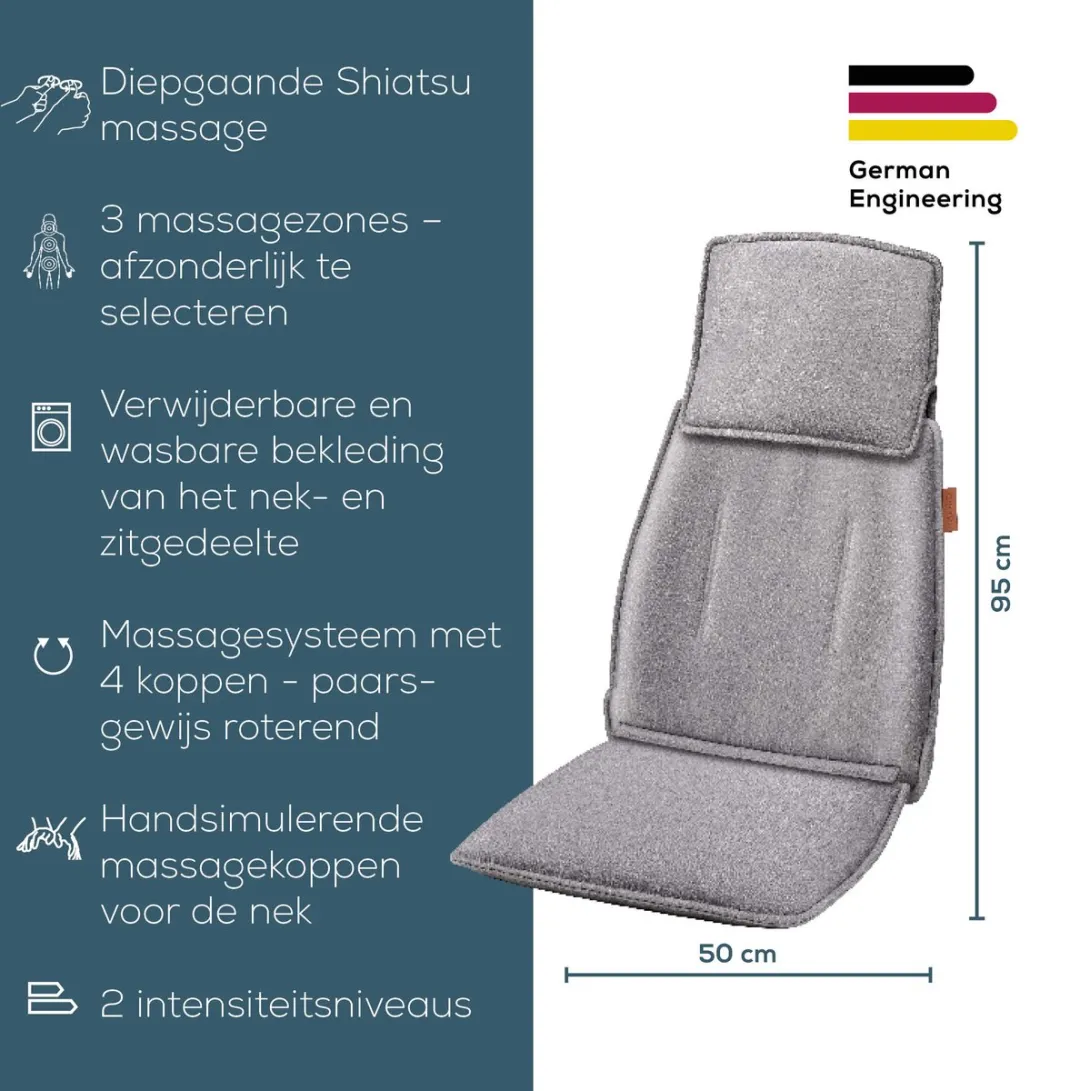 Beurer MG 330 Grey Shiatsu Massagekussen - Massagestoel - Verstelbaar nekgedeelte - 4 Massagekoppen paarsgewijs roterend - 2 Intensiteitsniveaus - Wasbare hoes - 3 Jaar garantie - Grijs