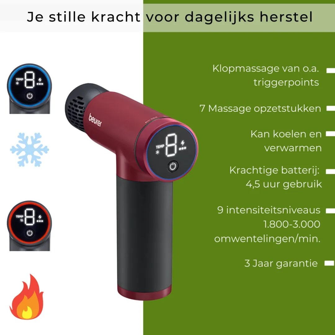 Beurer MG 195 HOT & COLD Massagepistool - 7 Koppen - 9 Intensiteiten - Bordeaux/Zwart