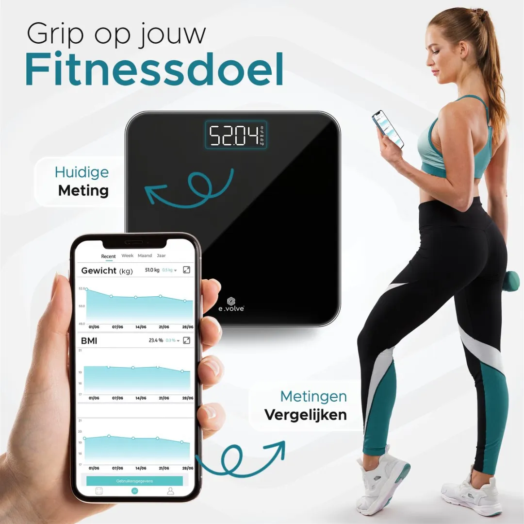 e.volve Personenweegschaal Digitaal - BMI - 180 kg - Zwart