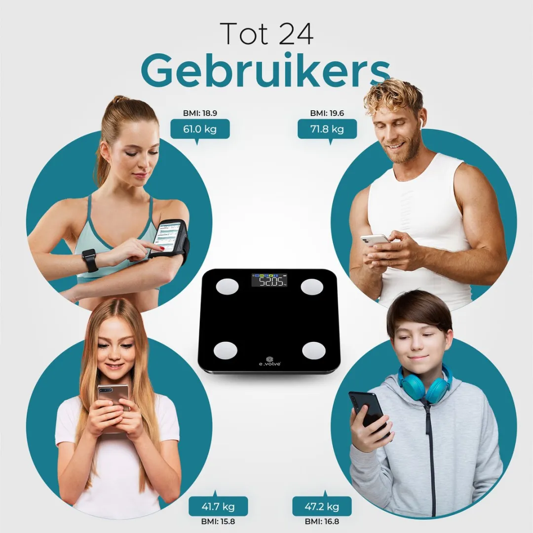e.volve Personenweegschaal Digitaal - 180kg - 24 Personen - Zwart
