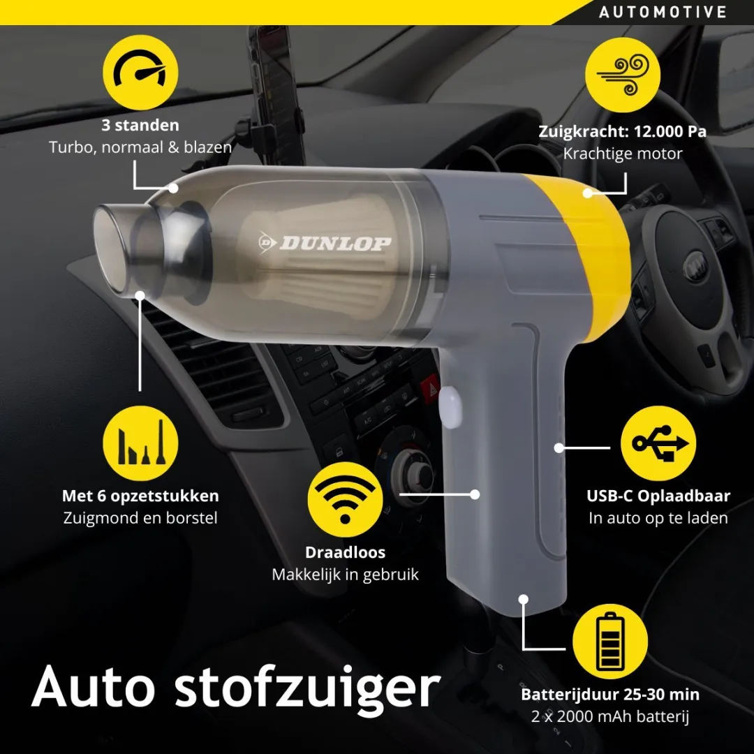 Dunlop MEDUCA3710/007 Auto Stofzuiger - 12000Pa - Grijs/Geel