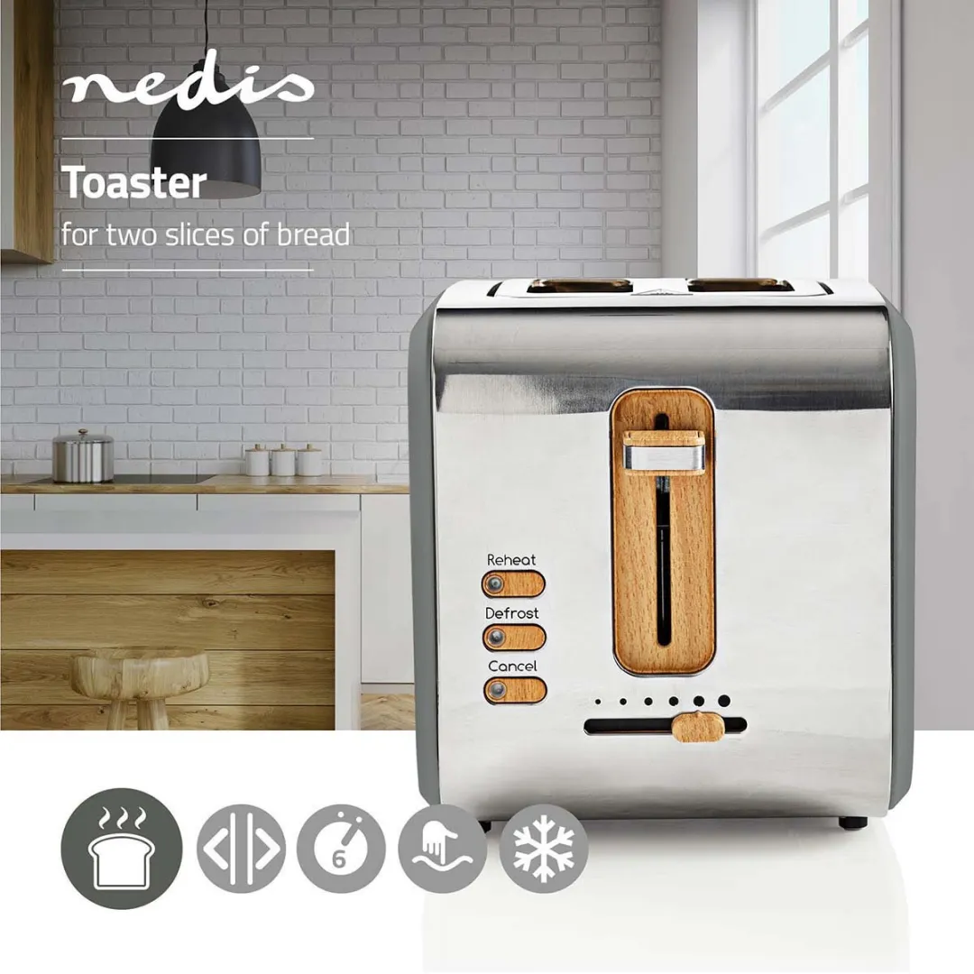 Nedis Soft-Touch Broodrooster 2 Sleuven KABT510EGY - 900W - Grijs - afbeelding 6 van 6