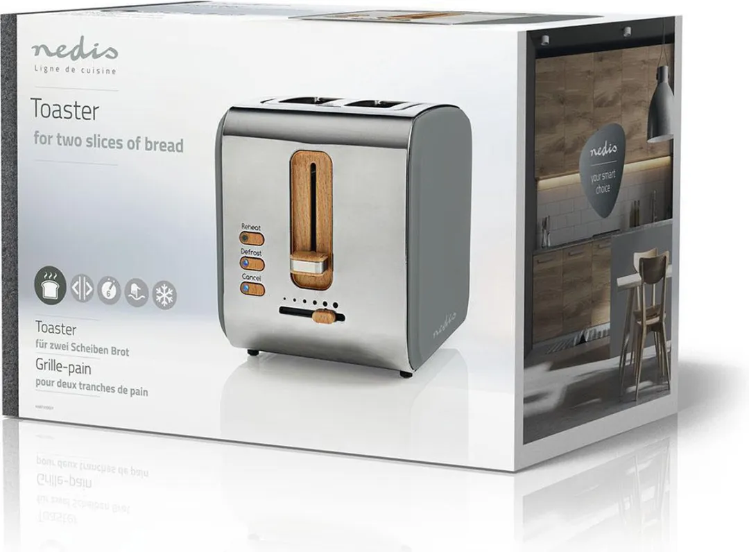 Nedis Soft-Touch Broodrooster 2 Sleuven KABT510EGY - 900W - Grijs