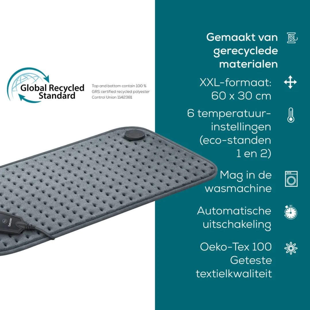 Beurer HK 123 XXL Warmtekussen 60x30cm - 6 standen - Grijs/ Groen