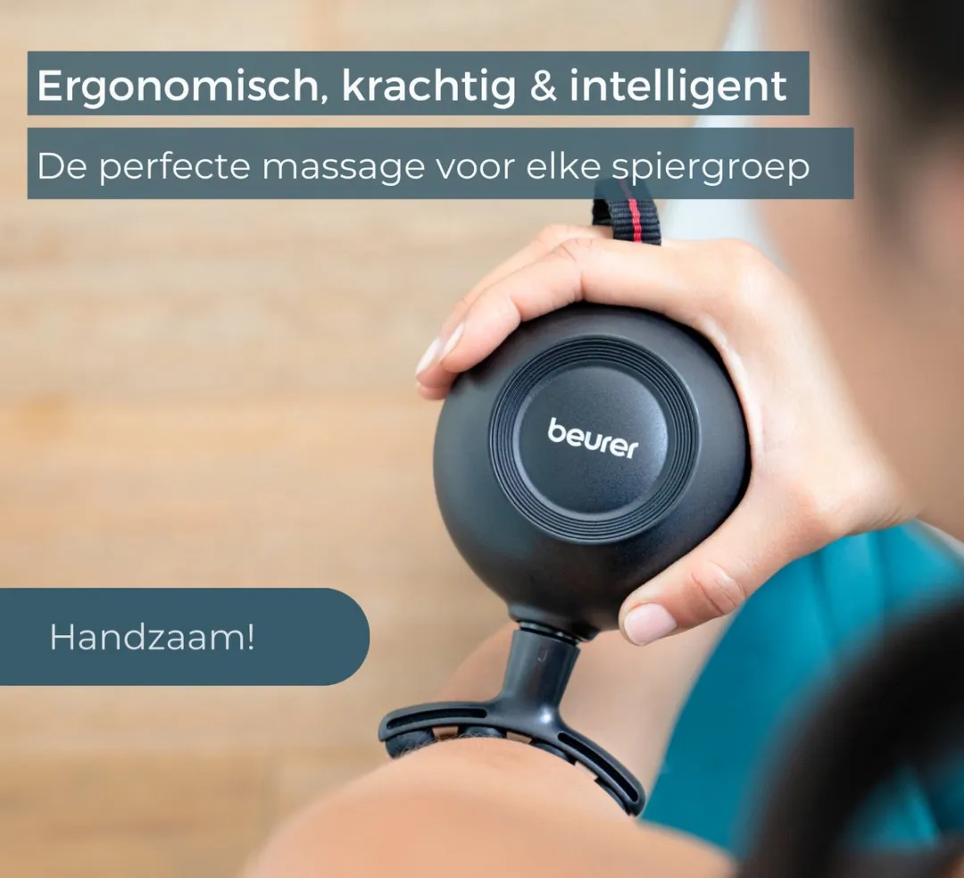 Beurer MG 101 SensorBoost Massage Gun – REVOLUTIONAIR ONTWERP – Ergonomisch rond - Druksensor - Stil en Compact – 5 Intensiteiten – 5 Opzetstukken – 3 Jaar Garantie