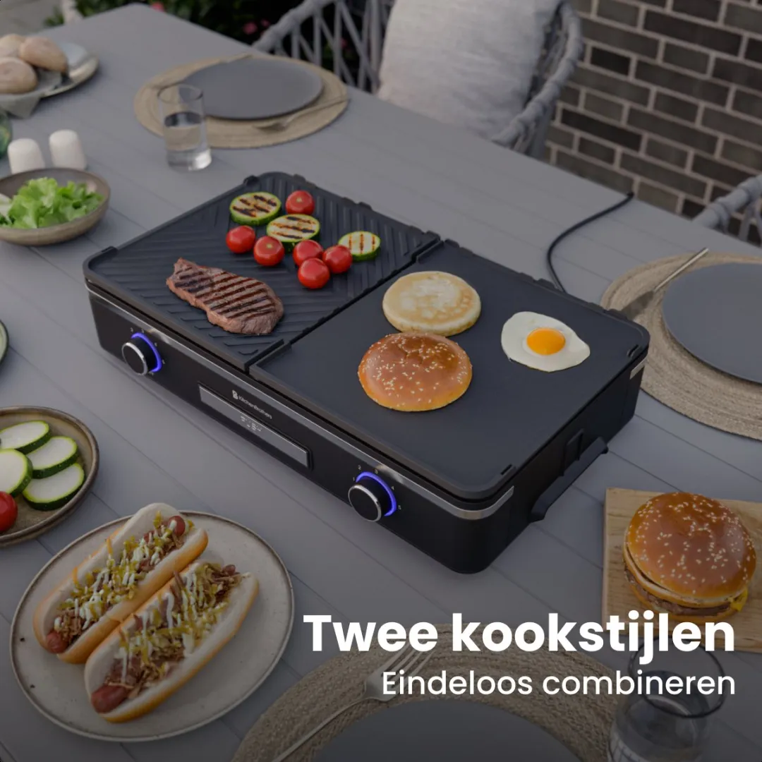 KitchenBrothers KB1004204 Elektrische Grillplaat 2400W - 30,5x52cm - Zwart