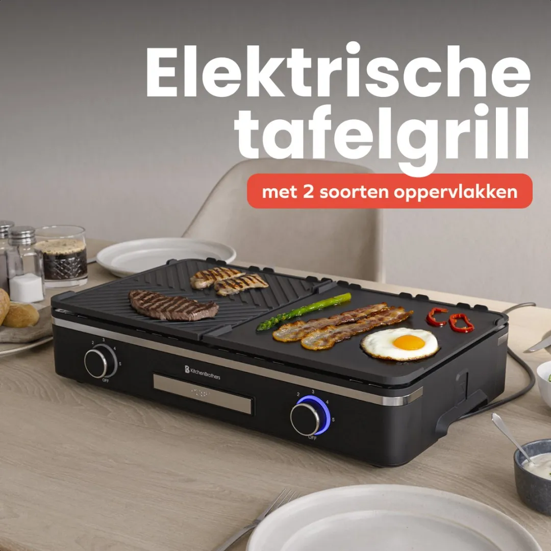 KitchenBrothers KB1004204 Elektrische Grillplaat 2400W - 30,5x52cm - Zwart
