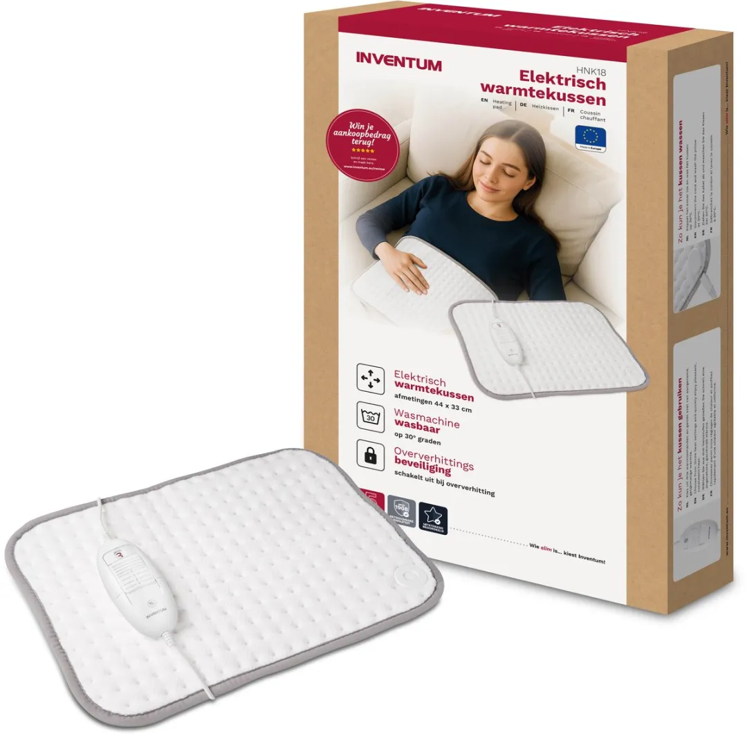 Inventum HNK18 Elektrisch Warmtekussen 44x33cm - 3 Warmtestanden - Wit/Grijs - afbeelding 6 van 6