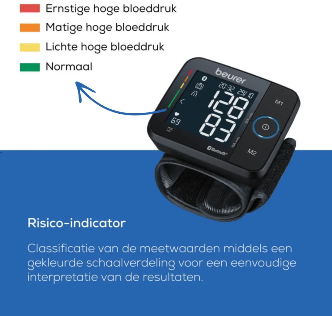 Beurer BC 54 Bloeddrukmeter pols - Inflation Technology: meet al tijdens oppompen - Bluetooth® - HealthManager Pro app - Manchet pols 13,5-21,5 cm - Onregelmatige hartslag - Risico-indicator - 2 Gebruikersgeheugen - Incl. batterijen - 5 Jaar garantie