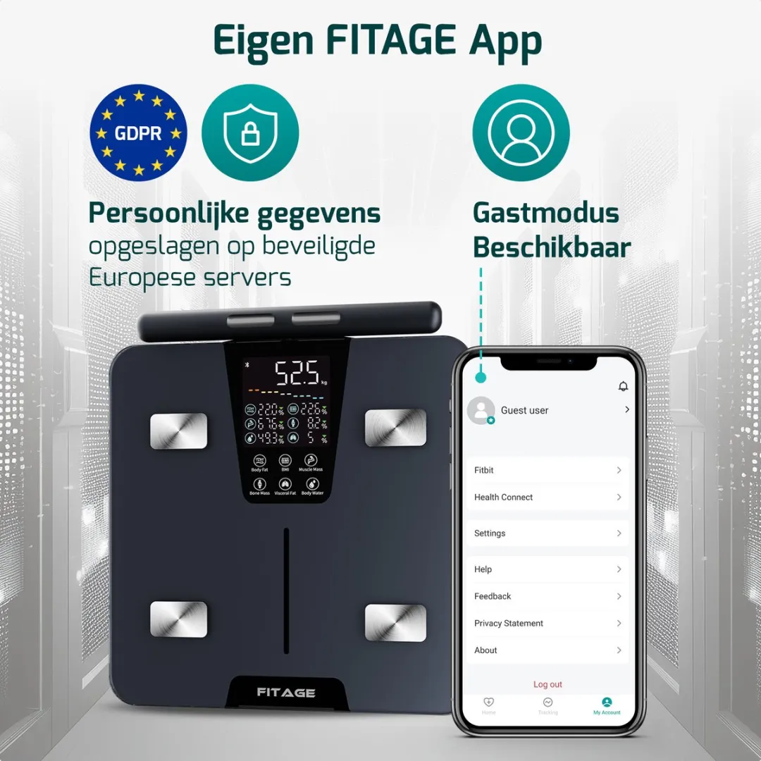 FITAGE Handvat Weegschaal Personenweegschaal Digitaal - Slimme Weegschaal met 17x Lichaamsanalyse - Weegschalen - FITAGE App