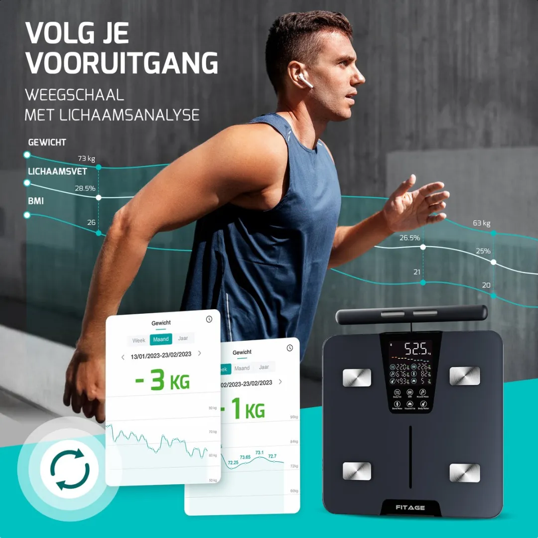 FITAGE Handvat Weegschaal Personenweegschaal Digitaal - Slimme Weegschaal met 17x Lichaamsanalyse - Weegschalen - FITAGE App