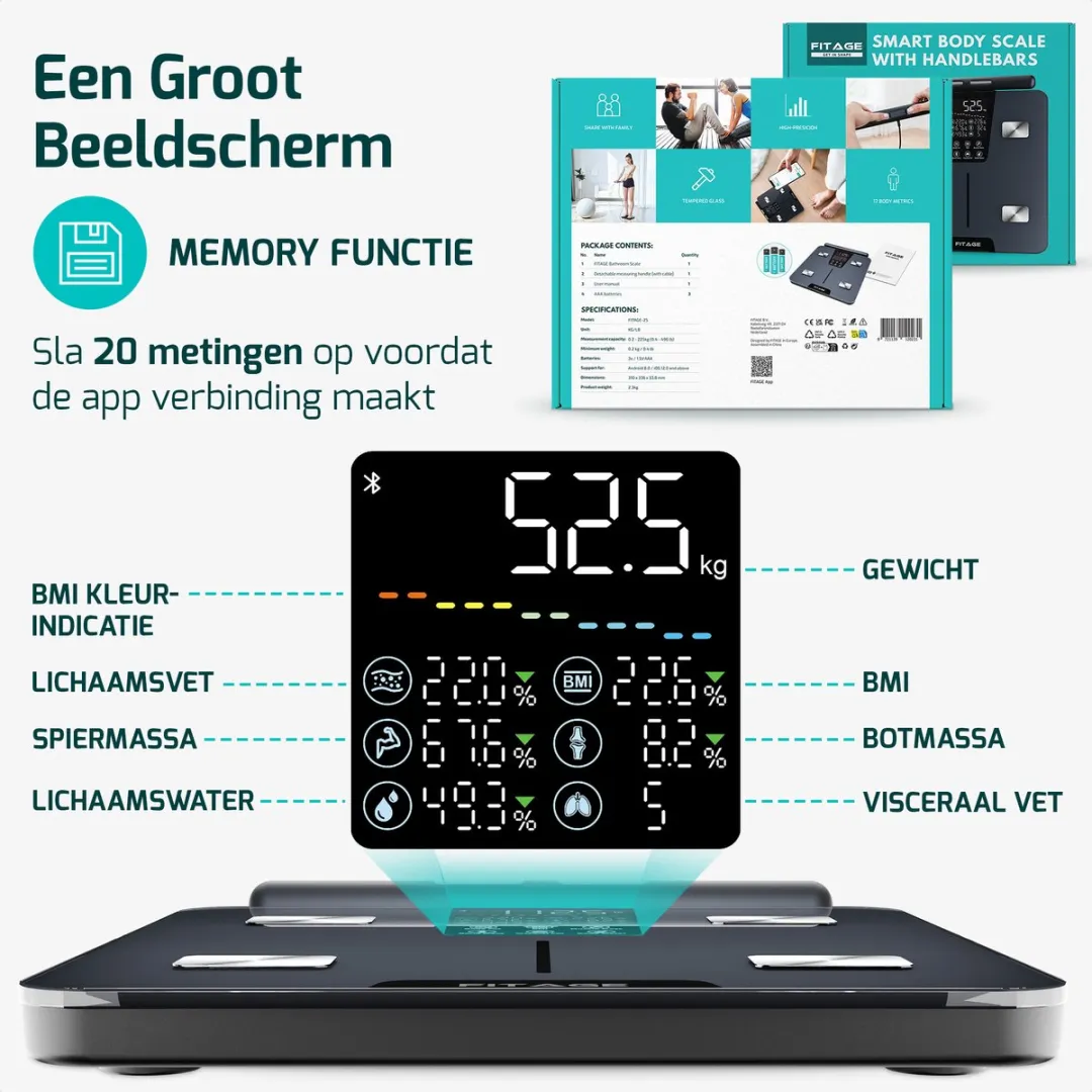 FITAGE Handvat Weegschaal Personenweegschaal Digitaal 225kg - Zwart - afbeelding 6 van 6