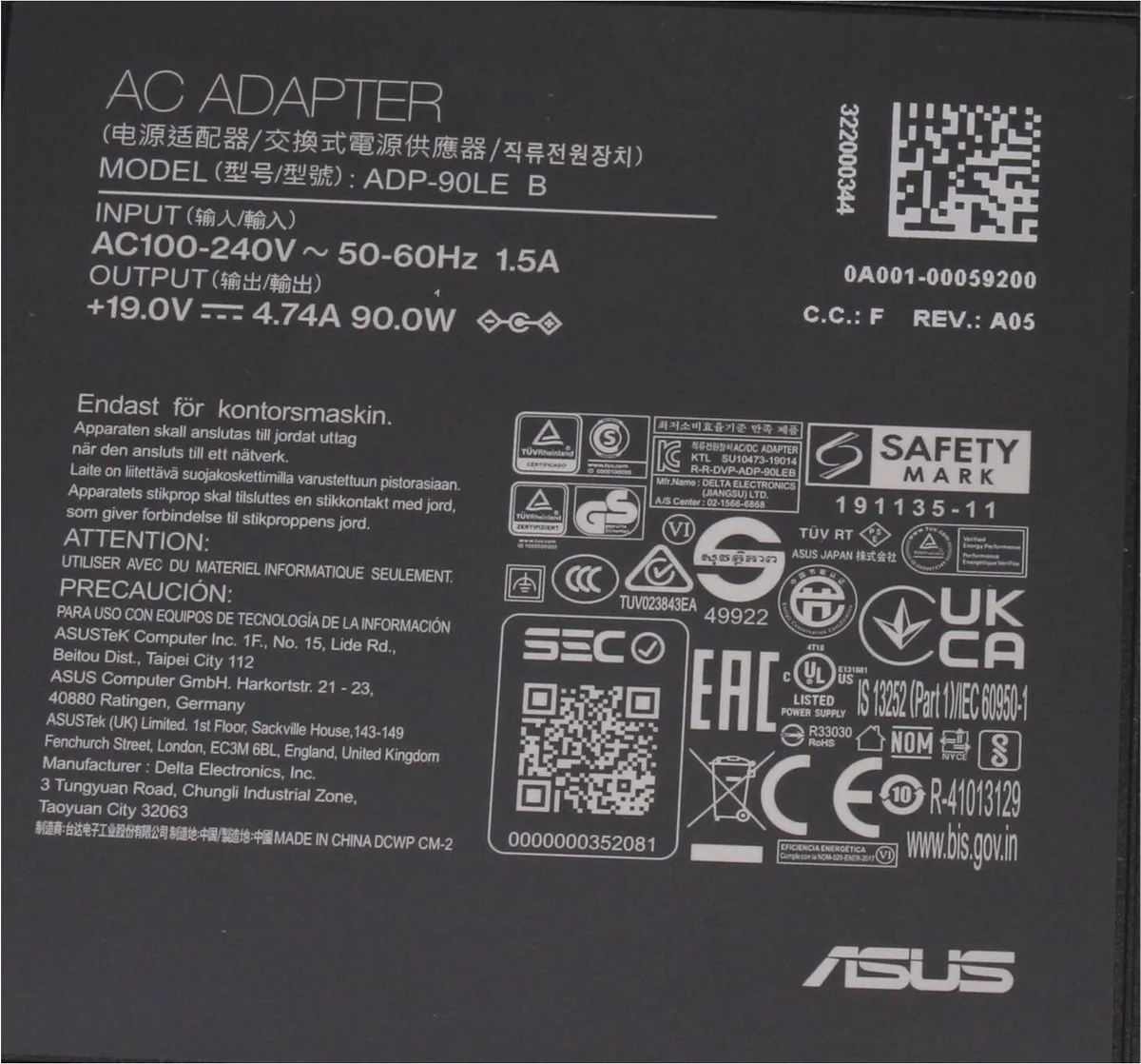 ASUS 90XB014N-MPW0P0 Oplader 90W - Zwart