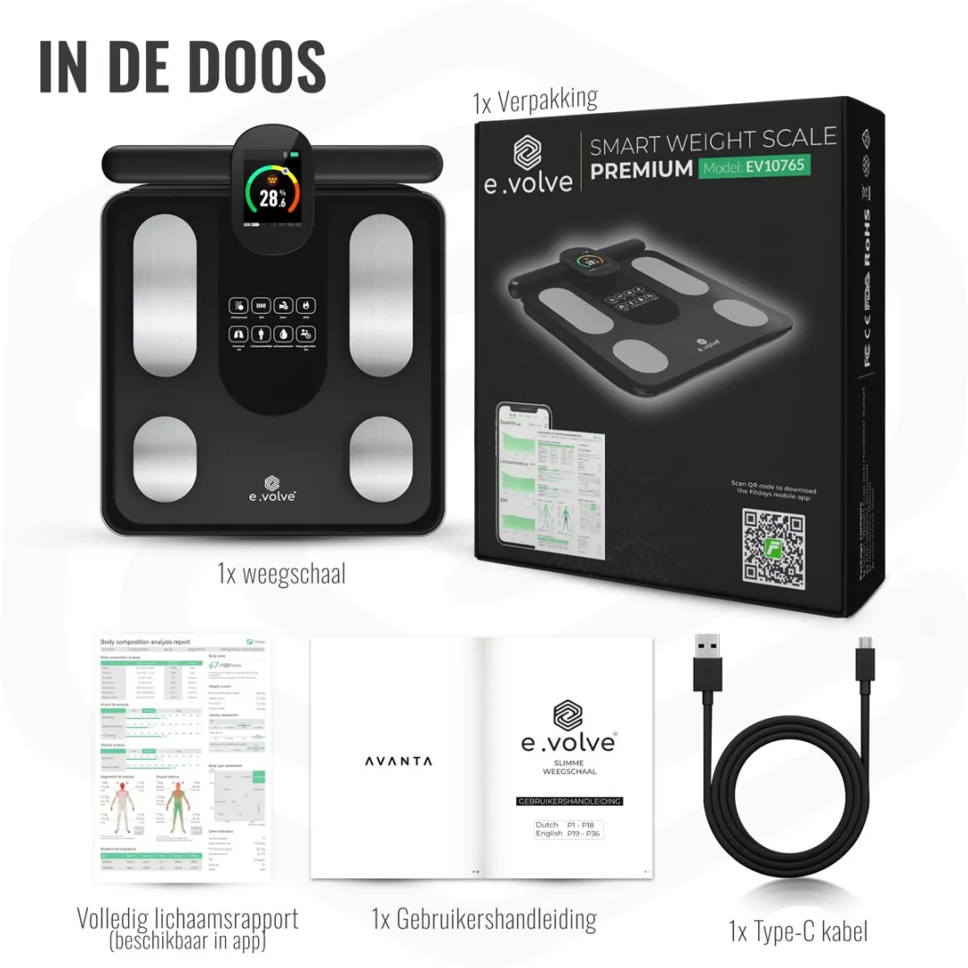e.volve Personenweegschaal Digitaal 180kg - 32x Lichaamsanalyse - Zwart - afbeelding 6 van 6