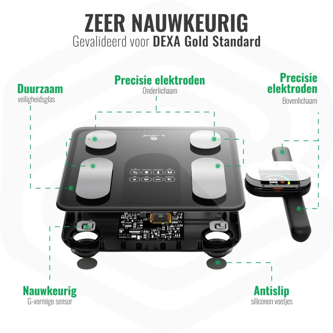 e.volve Personenweegschaal Digitaal 180kg - 32x Lichaamsanalyse - Zwart