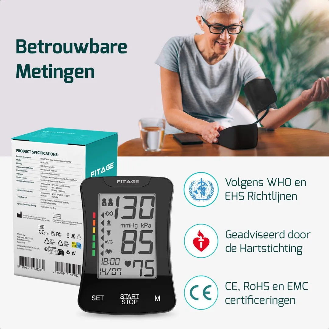 FITAGE Bloeddrukmeter aanbevolen door Hartstichting - Hartslagmeter met Voorleesfunctie NL - Blood Pressure Monitor - Medische Bloeddrukmeters Bovenarm Zwart