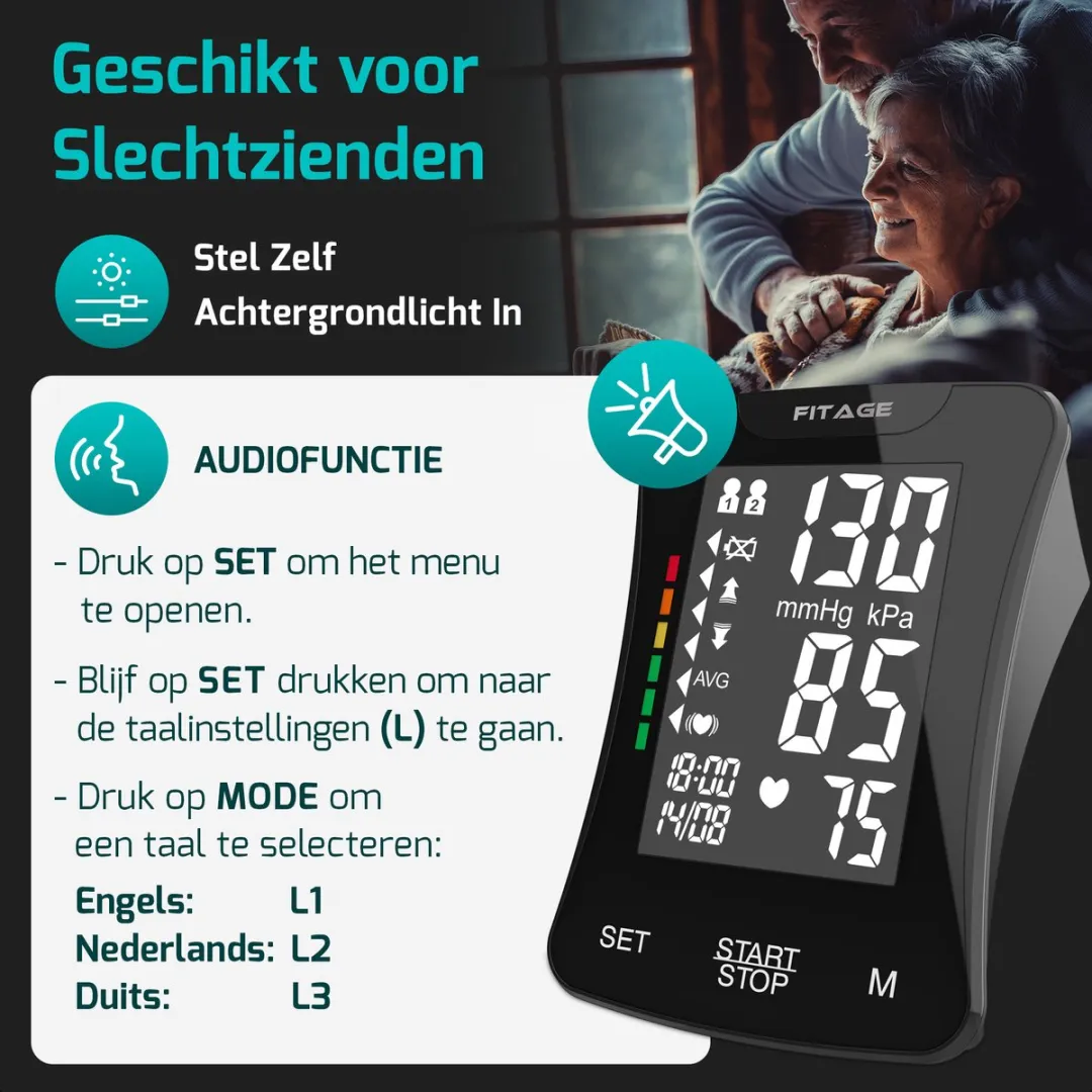 FITAGE Bloeddrukmeter aanbevolen door Hartstichting - Hartslagmeter met Voorleesfunctie NL - Blood Pressure Monitor - Medische Bloeddrukmeters Bovenarm Zwart