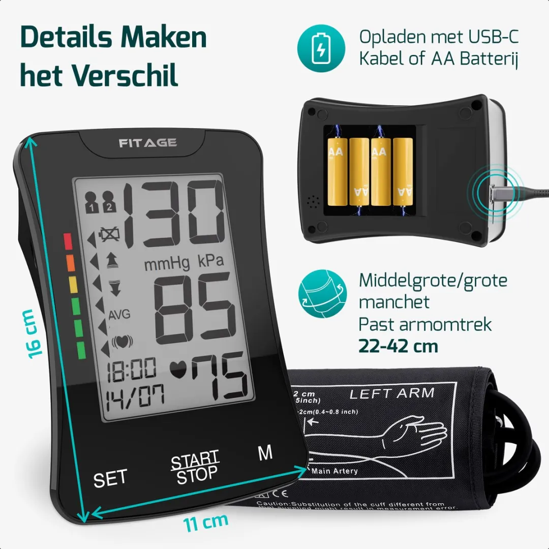 FITAGE Bloeddrukmeter Hartslagmeter Zwart - 2 Gebruikers - afbeelding 6 van 6