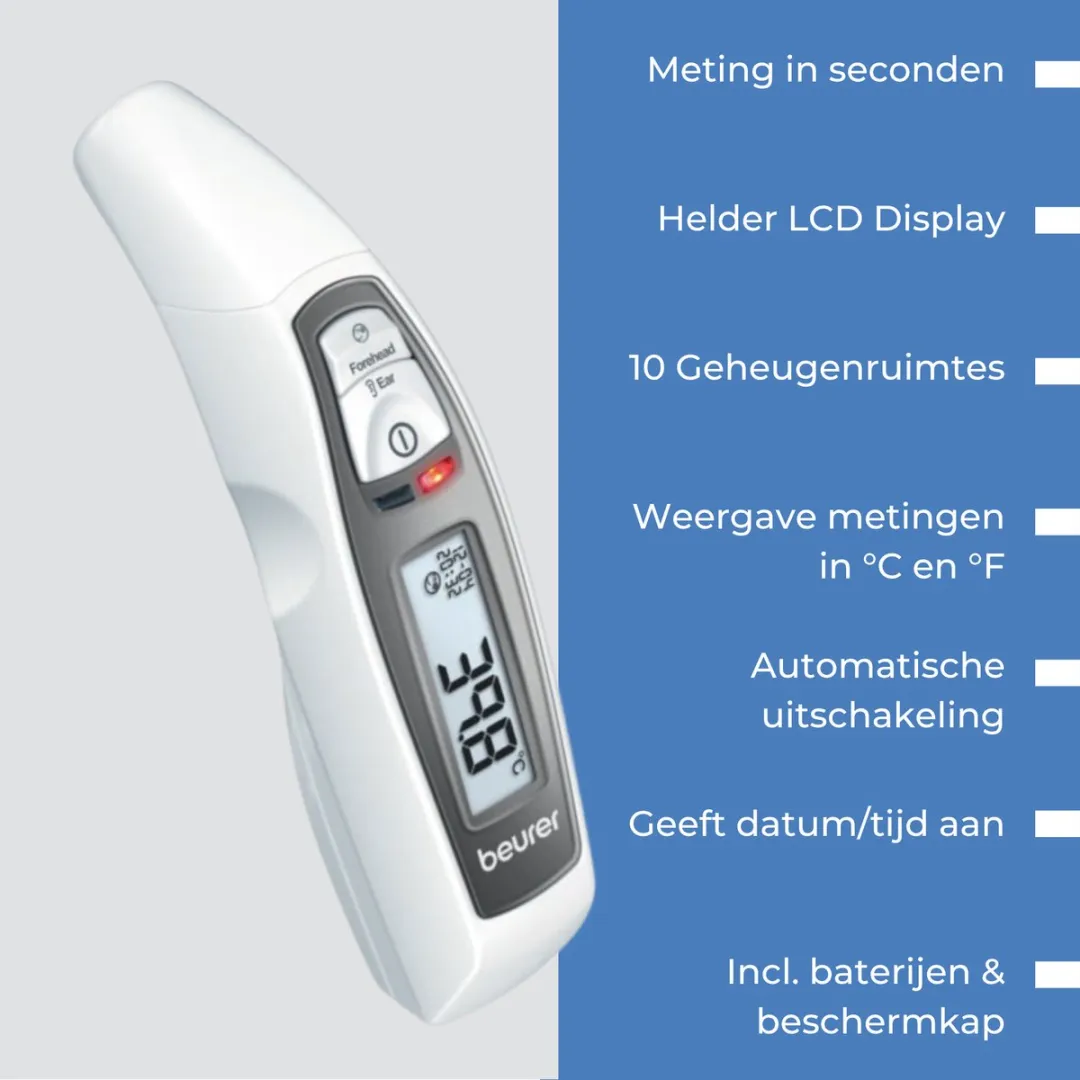 Beurer FT 65 Infraroodthermometer – Voorhoofd-, Oor- & Objectmeting – Digitale Koortsthermometer – LED Koortsindicator – 10 Geheugenplaatsen – Meting in Seconden – Groot Display – Medisch Gecertificeerd – Incl. Batterijen – Wit