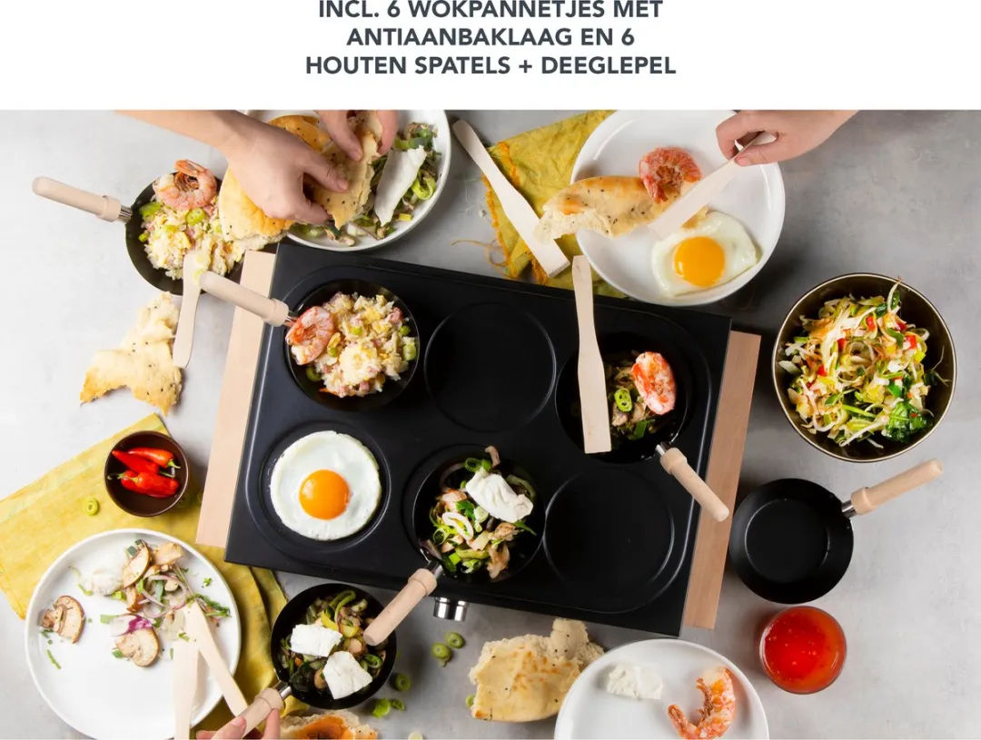 Domo DO8719W Wok Party Set 6 Personen - 1000W - Hout/Zwart