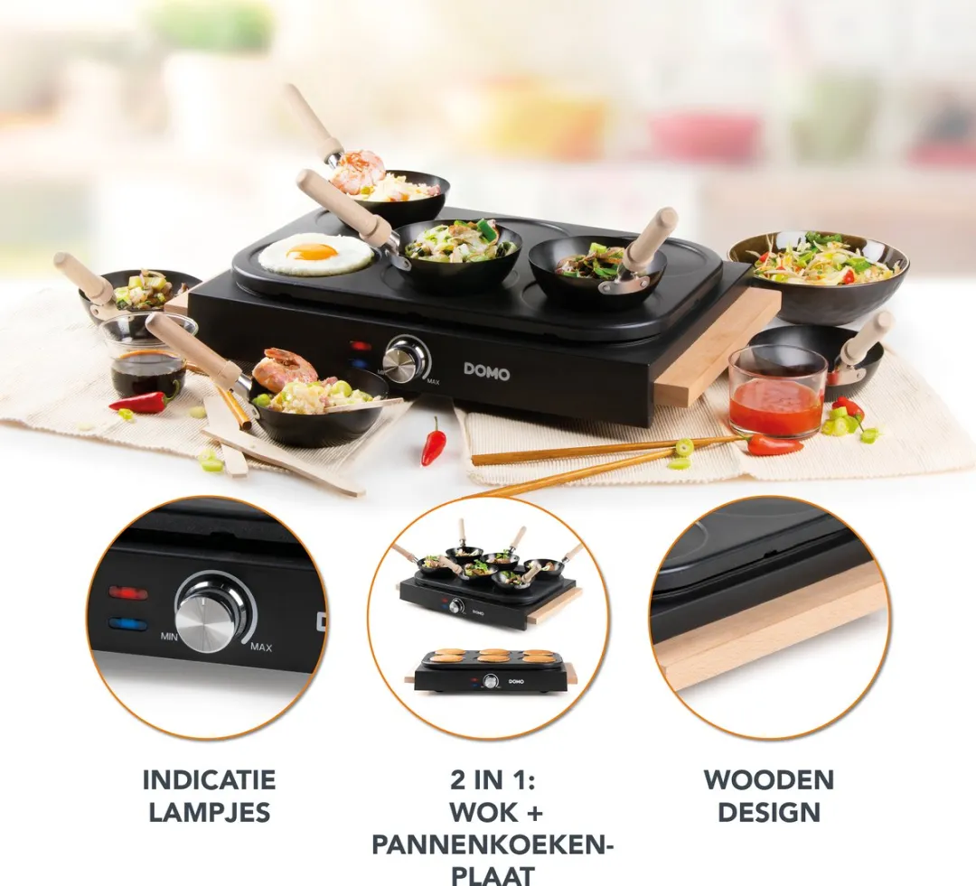 Domo DO8719W Wok Party Set 6 Personen - 1000W - Hout/Zwart