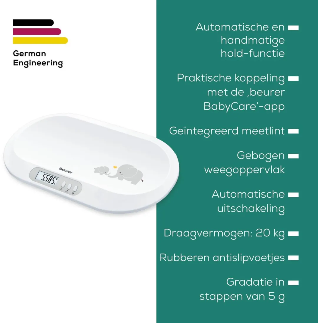 Beurer BY 90 Babyweegschaal - 20 kg - 5 g - Bluetooth - Wit