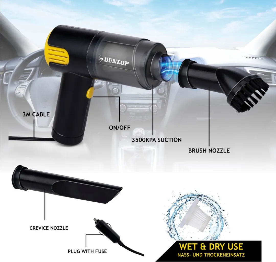 Dunlop Auto Stofzuiger 12V - Nat & Droog 0,5L - Zwart/Geel