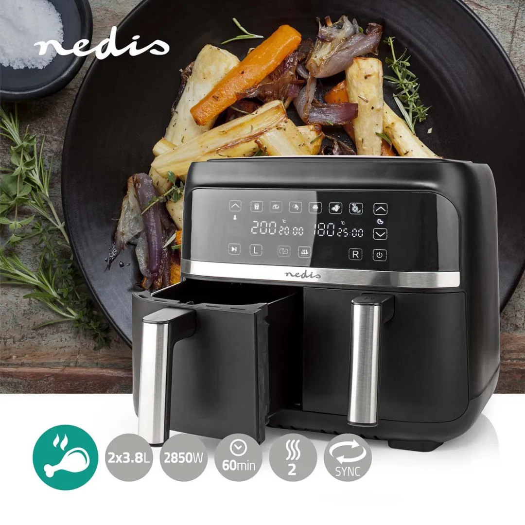 Nedis Dubbele Heteluchtfriteuse 3000W - 6 Programma's - Zwart - afbeelding 2 van 6